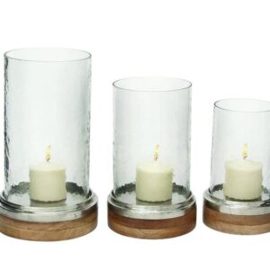 37550 Jgo 3 porta velas  cristal base de  madera y acero