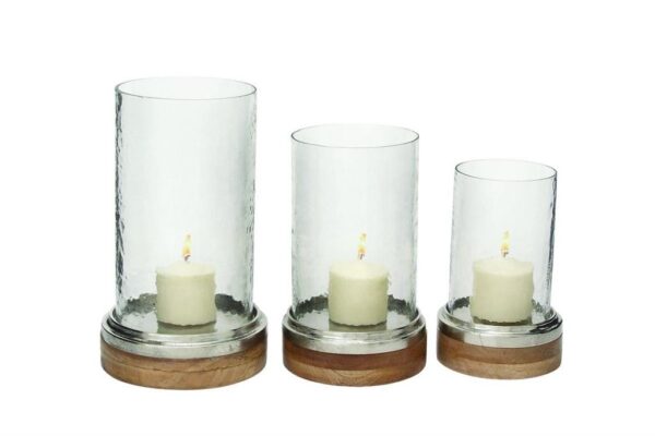 37550 Jgo 3 porta velas  cristal base de  madera y acero