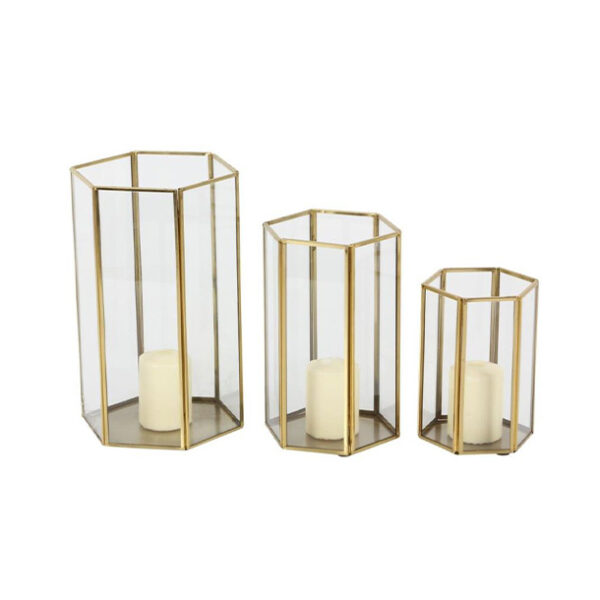 57378 Juego 3 Porta velas, vidrio aluminio dorado